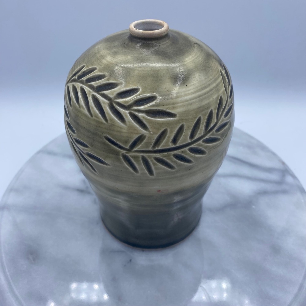 Studio Pottery Lady Fern 7in Bud Vase Green Hand Thrown Artist Signed Nature Art